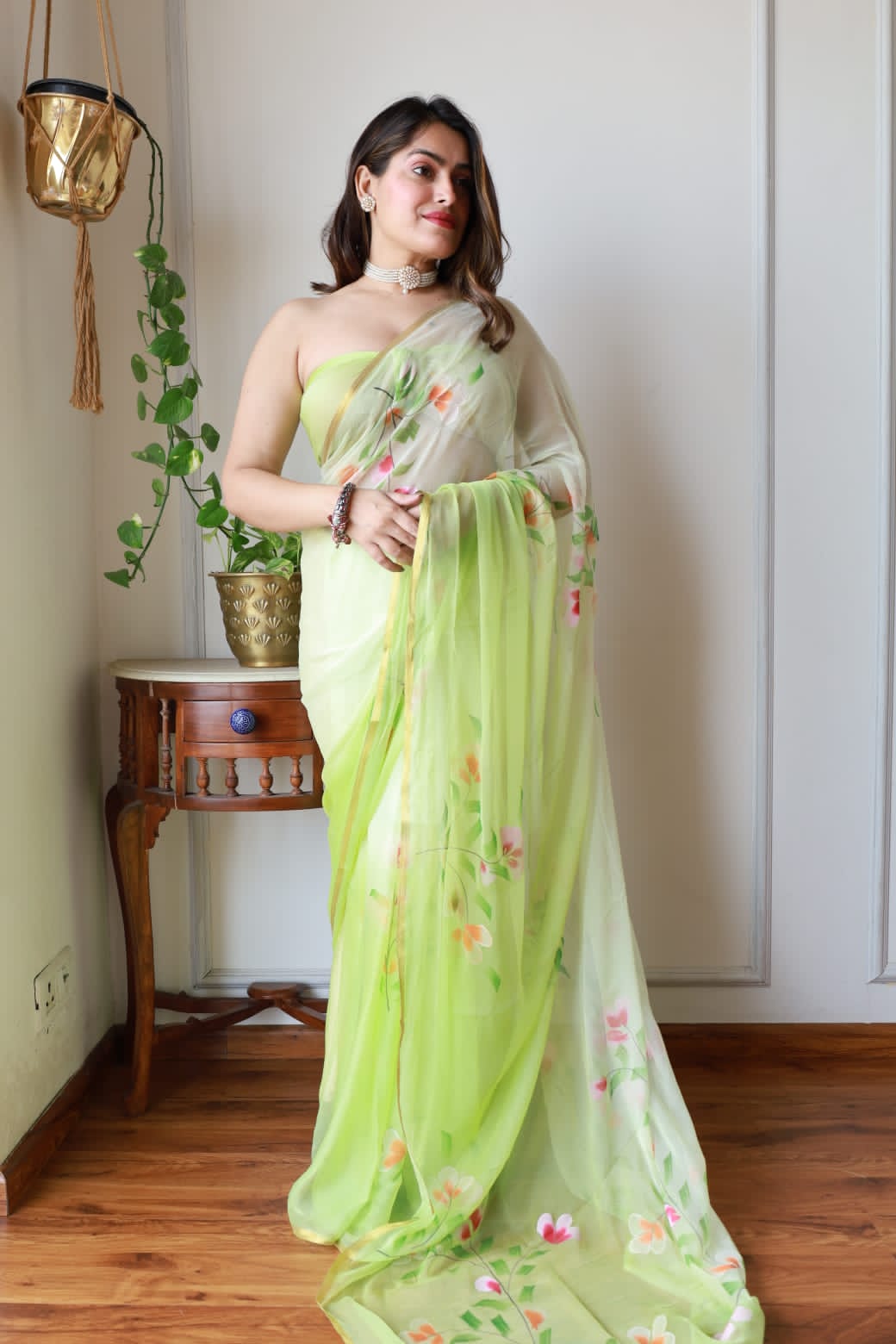 Lime Green Chiffon Zari Border Handpainted Saree with Floral Design – Wholesale for Boutiques and Retailers